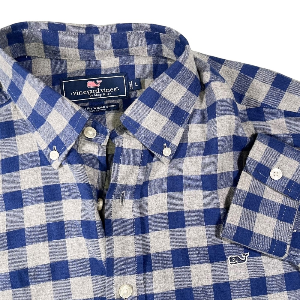Vineyard Vines L Blue Grey Buffalo Check Slim Fit Whale Shirt Preppy Coastal